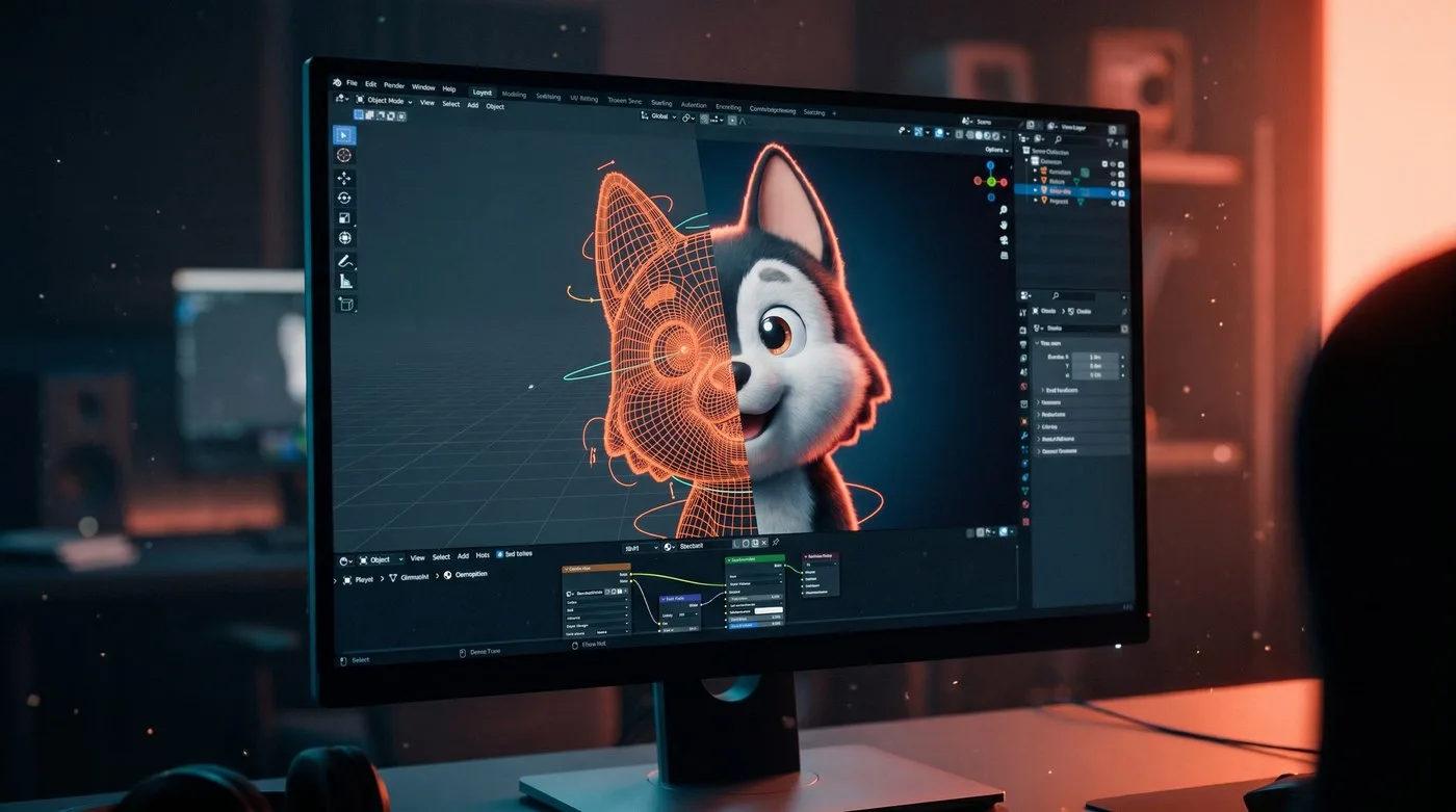 Ozzy em produção no Blender: wireframe e render lado a lado